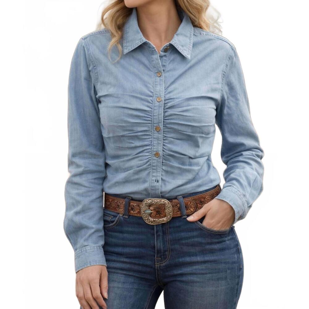 NEW RUNWAY READY ruched show top in denim